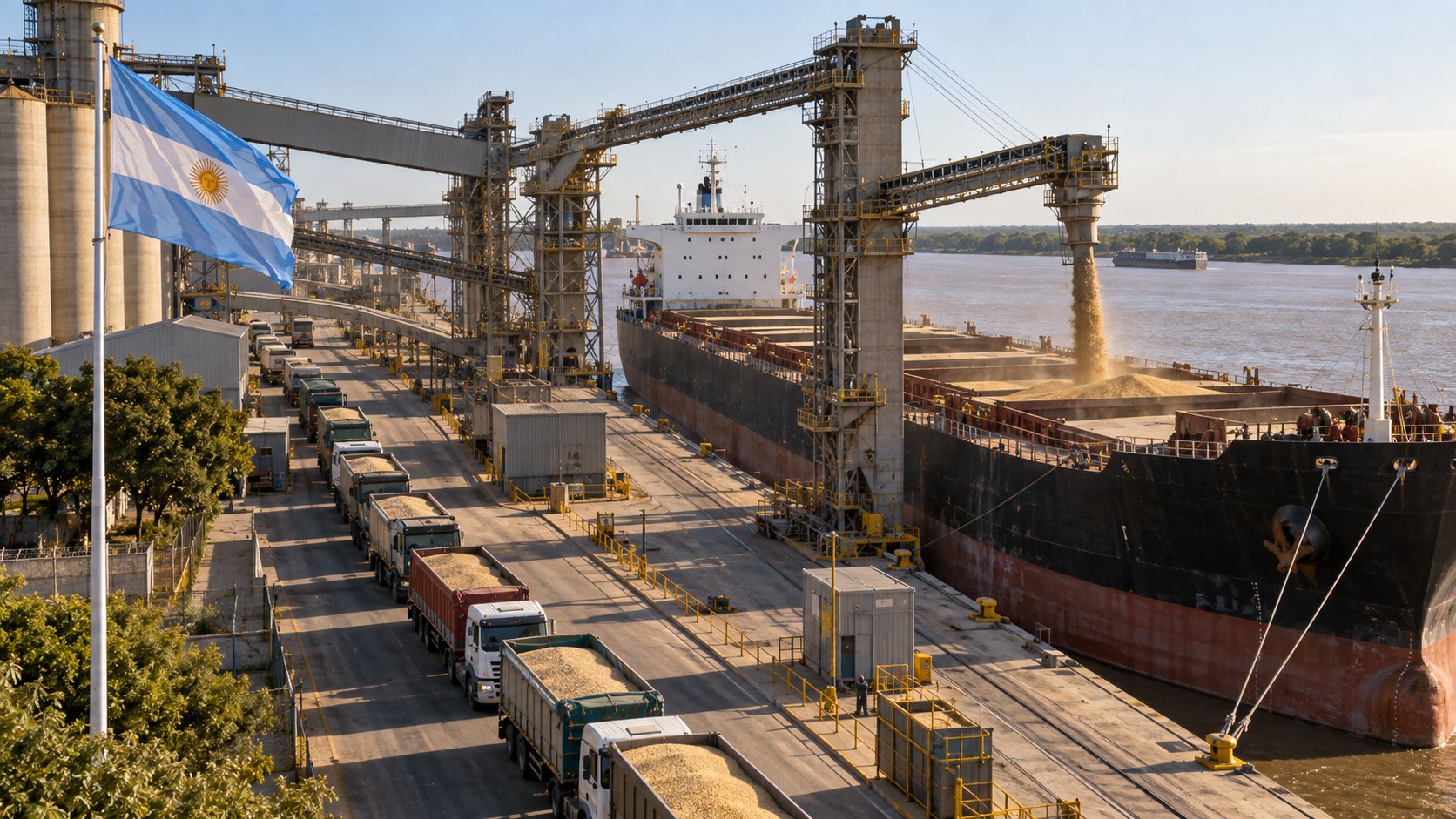 Ilustración editorial generada con IA: una terminal de granos sobre el río Paraná con un buque granelero cargando por cintas transportadoras, una fila de camiones cerealeros en el muelle y una bandera argentina en un mástil; composición conceptual, no es una fotografía de una terminal real.