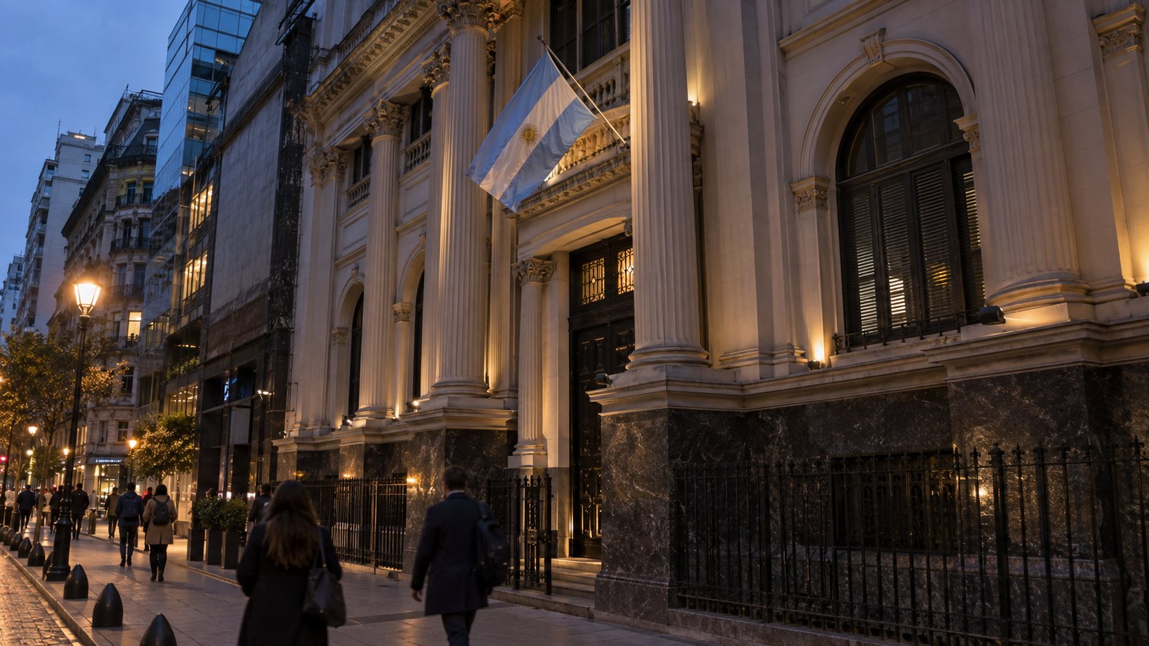 Ilustración editorial generada con IA: la fachada neoclásica del Banco Central de la República Argentina en el microcentro porteño al anochecer, con una bandera argentina y peatones de espaldas; composición conceptual, no es una fotografía documental.