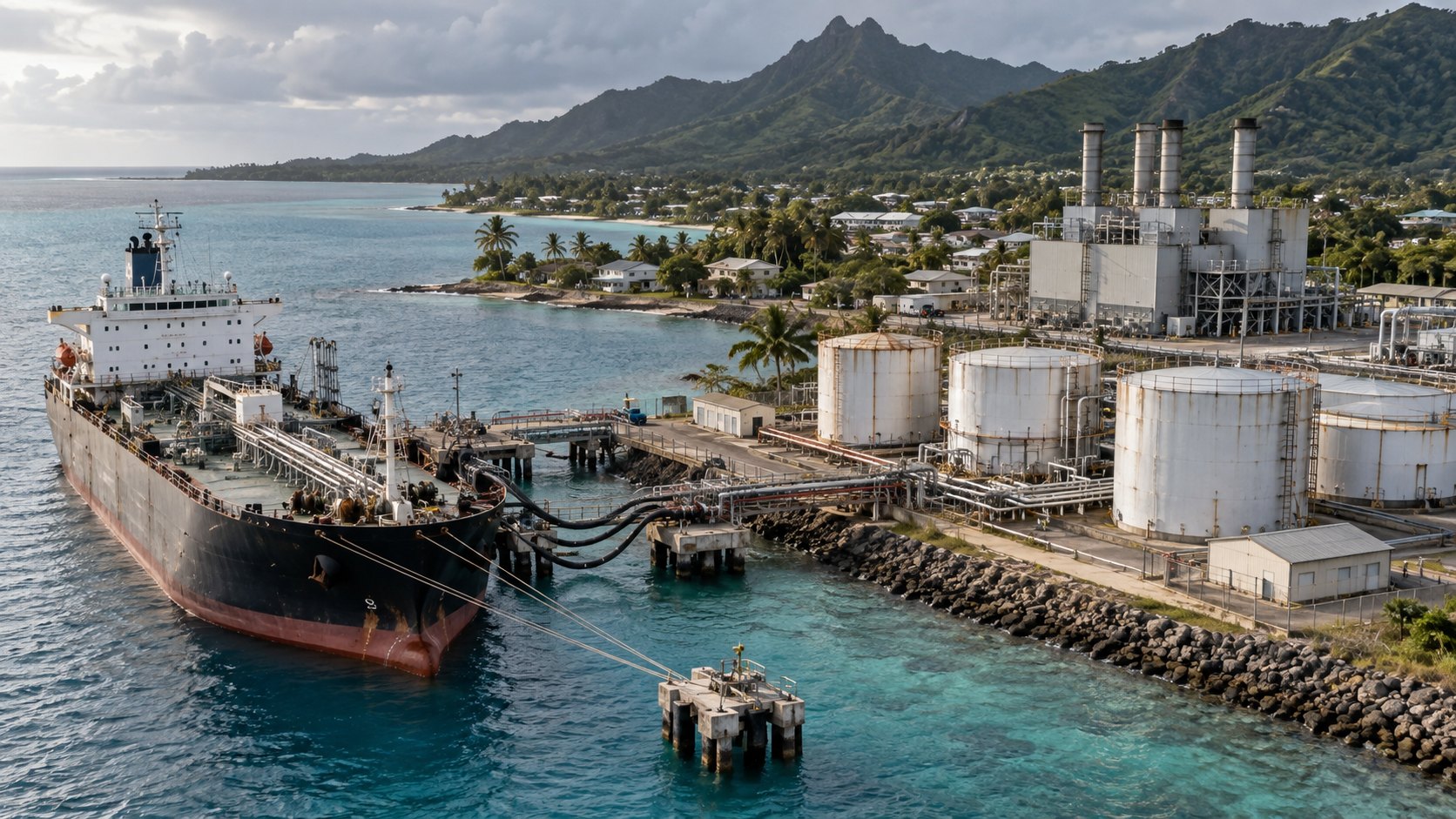 Ilustración editorial generada con IA: un buque tanque amarrado a un muelle descarga combustible hacia tanques de almacenamiento y una central térmica en la costa de una isla tropical con montañas y palmeras; composición conceptual de la dependencia de la energía importada en las islas del Pacífico, no es una fotografía de un lugar real.
