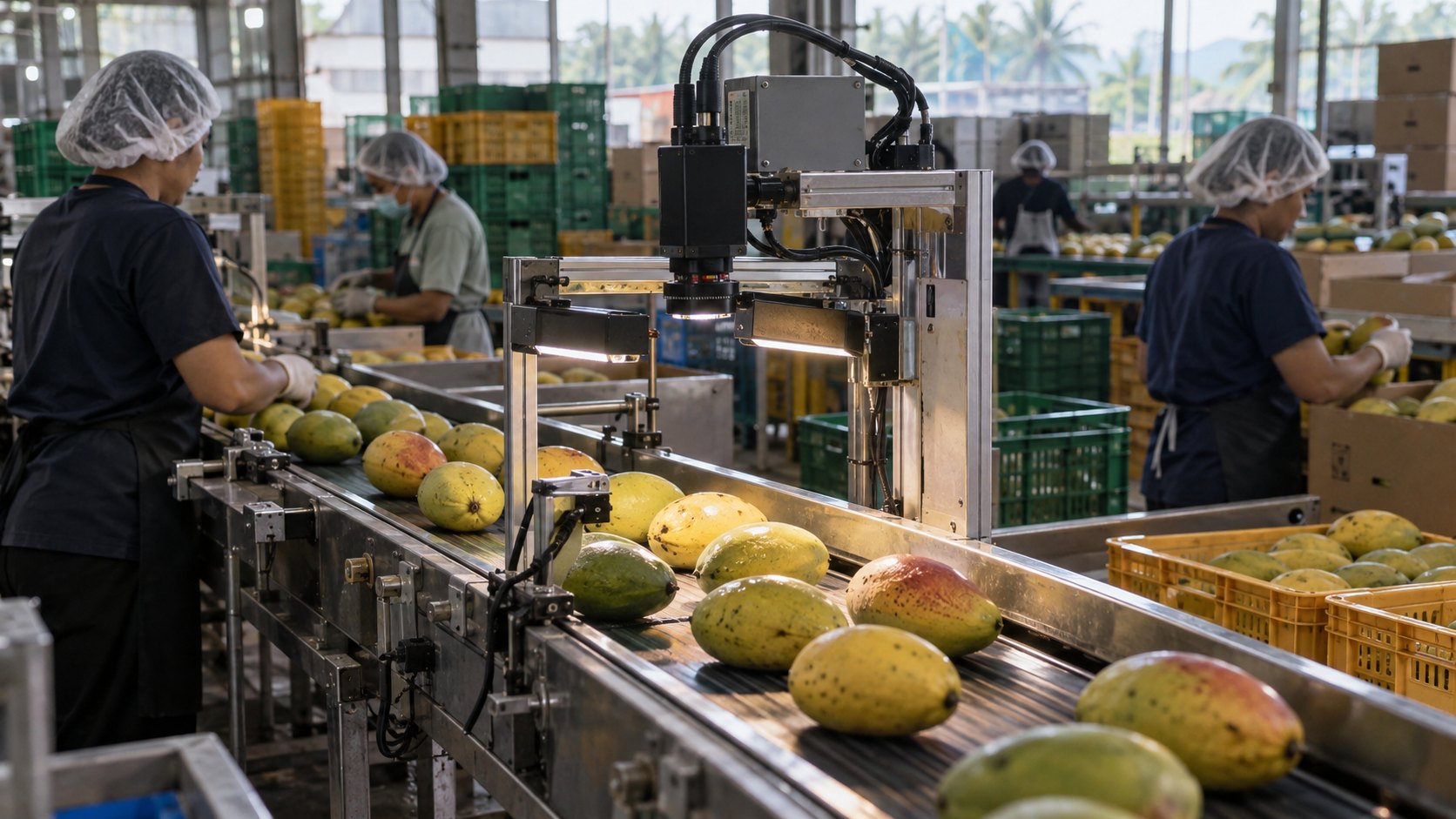 Ilustración editorial generada con IA: trabajadoras con cofias seleccionan mangos en una planta de empaque donde una cámara con iluminación inspecciona la fruta sobre una cinta transportadora; composición conceptual de la adopción de herramientas de IA en la agroindustria, no es una fotografía de una empresa real.