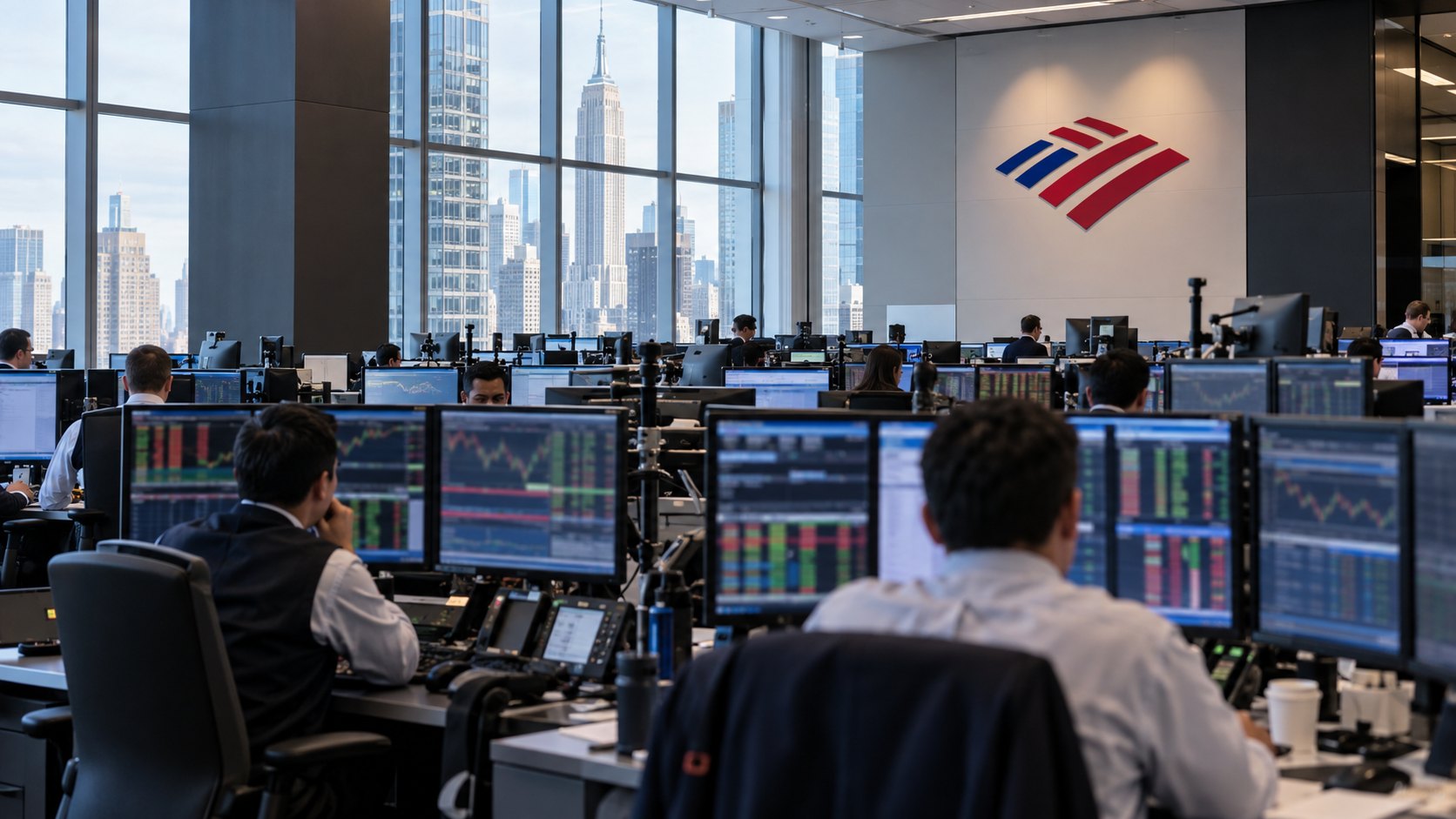 Ilustración editorial generada con IA: una mesa de trading de Bank of America en Nueva York, con operadores de espaldas frente a monitores con gráficos ilegibles, el logo de la marca en una pared y el Empire State por la ventana; composición conceptual, no es una fotografía de un piso real del banco.