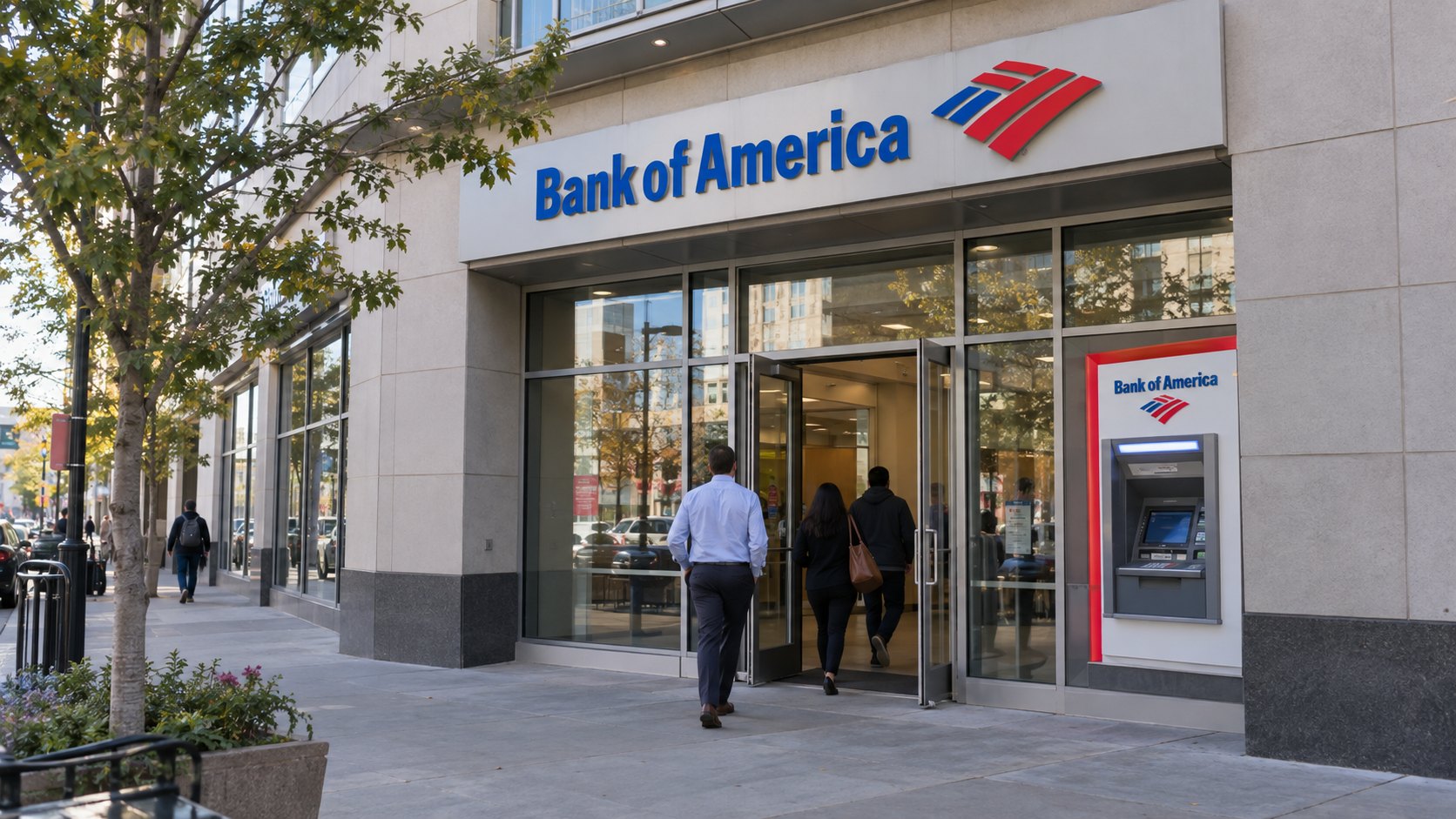 Ilustración editorial generada con IA: la entrada de una sucursal de Bank of America en una calle de Estados Unidos, con el cartel y el logo de la marca, un cajero automático del banco y clientes de espaldas entrando, con luz de mañana; composición conceptual, no es una fotografía de una sucursal real.