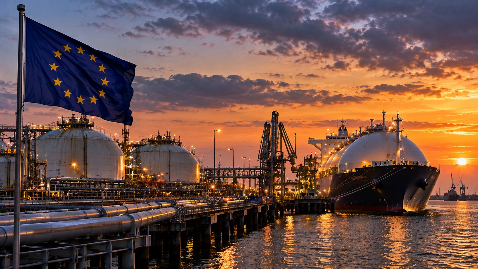 Ilustración editorial generada con IA: una terminal de gas natural licuado en un puerto europeo con un buque metanero amarrado y tanques esféricos al atardecer, junto a una bandera de la Unión Europea; composición conceptual, no es una fotografía documental.