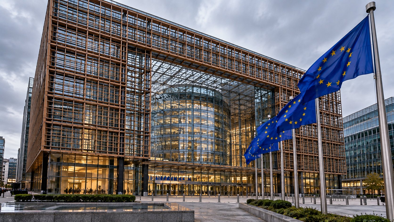 Ilustración editorial generada con IA: el edificio Europa, sede del Consejo Europeo en Bruselas, con banderas de la Unión Europea en la entrada; composición conceptual, no es una fotografía documental.