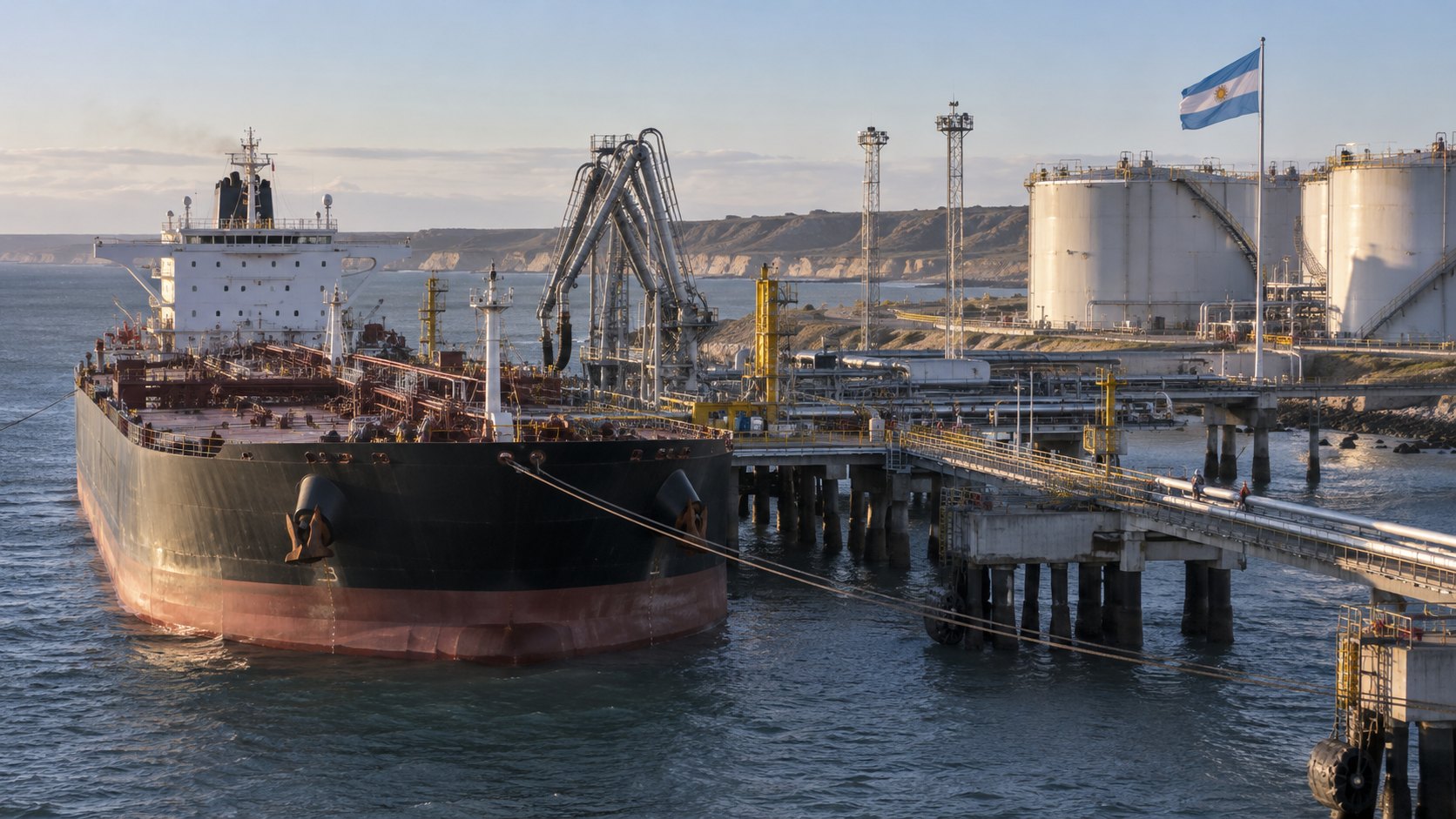 Ilustración editorial generada con IA: un buque petrolero carga crudo en una terminal de exportación en la costa argentina, en referencia al aumento de las exportaciones de energía; no es una fotografía de un embarque real.