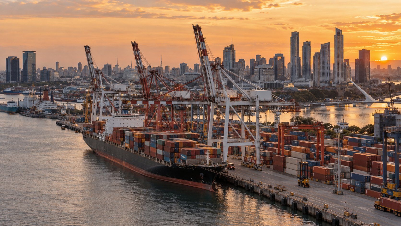 Ilustración editorial generada con IA: grúas y contenedores en el puerto de Buenos Aires, en referencia al comercio exterior argentino; no es una fotografía de un hecho real.