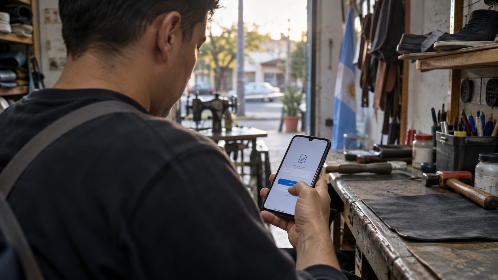 Ilustración editorial generada con IA: un trabajador independiente en su taller de un barrio del conurbano bonaerense mira en el celular una solicitud de préstamo, con una bandera argentina al fondo; composición conceptual, no es una fotografía de la aplicación de un banco.