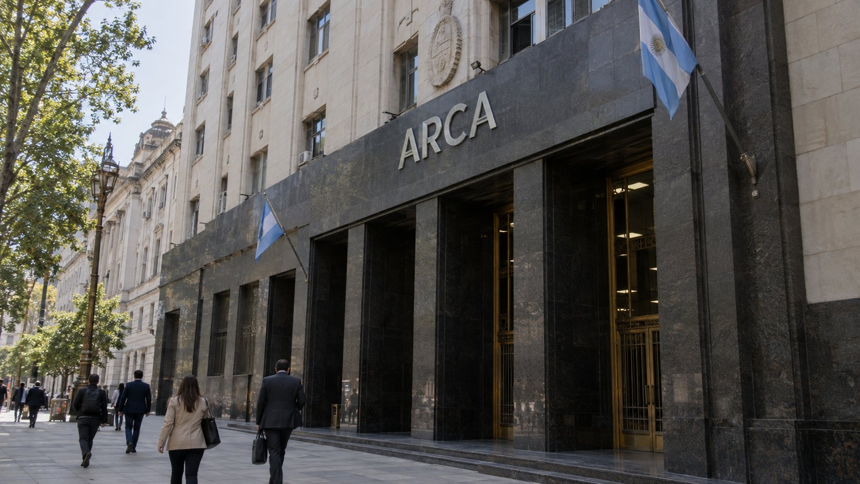 Ilustración editorial generada con IA: la fachada del edificio de ARCA en el centro de Buenos Aires, con su nombre sobre la entrada, banderas argentinas y peatones de espaldas en la vereda; composición conceptual, no es una fotografía del anuncio.