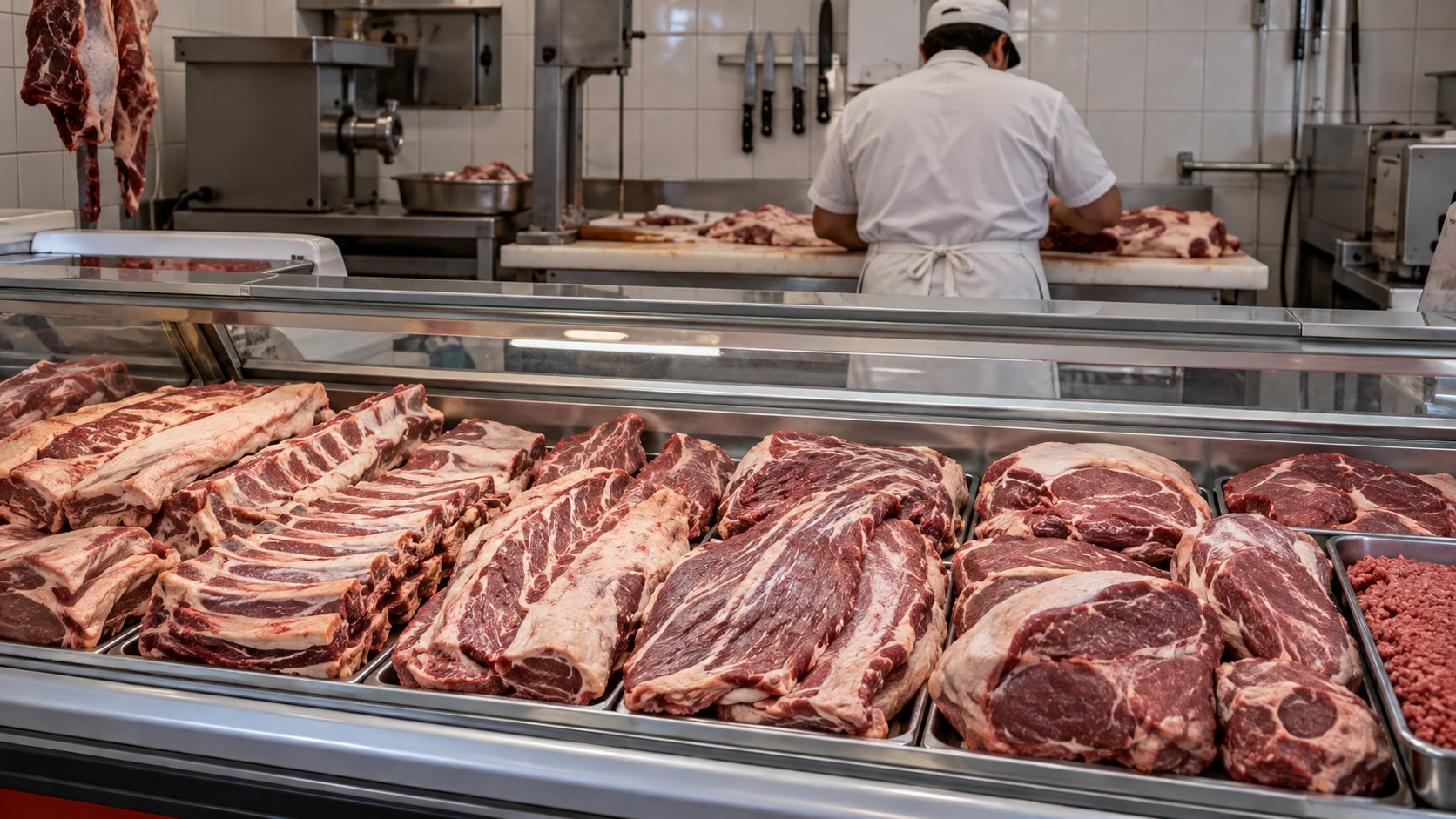 Ilustración editorial generada con IA: el mostrador de una carnicería de barrio de Buenos Aires con cortes de carne vacuna exhibidos y un carnicero de espaldas; composición conceptual, no es una fotografía documental.