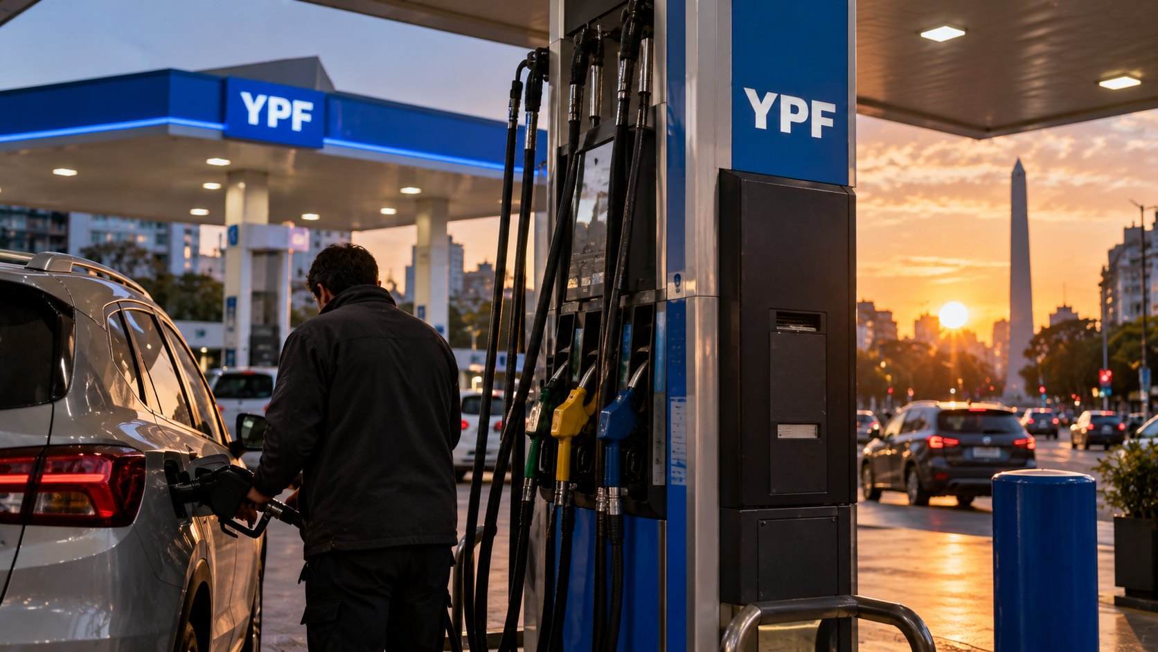Ilustración editorial generada con IA: surtidores de una estación de servicio YPF en una avenida porteña al atardecer, con el Obelisco de fondo y un conductor de espaldas cargando nafta; composición conceptual, no es una fotografía documental.