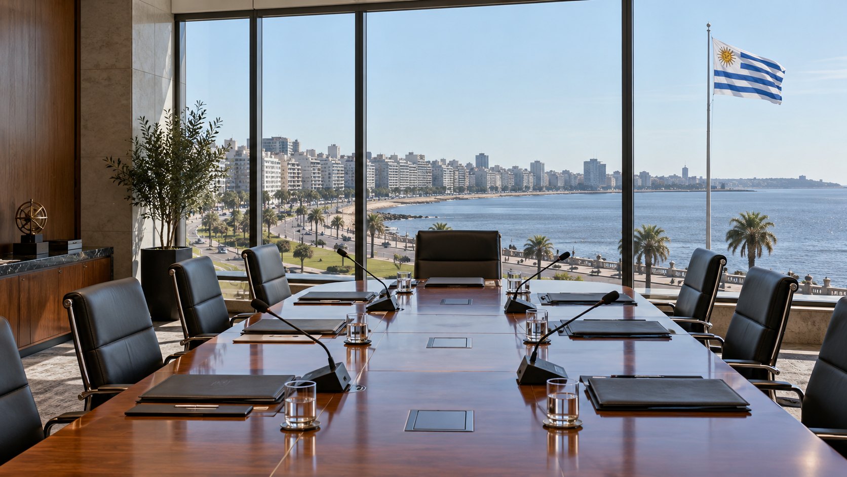 Ilustración editorial generada con IA: una sala de reuniones con una mesa larga, carpetas y micrófonos, con vista a la rambla de Montevideo y una bandera de Uruguay; composición conceptual, no es una fotografía de un tribunal real.