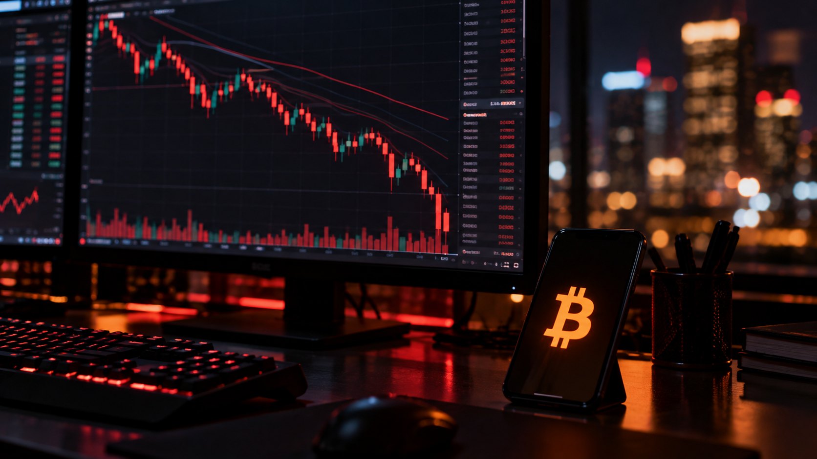 Ilustración editorial generada con IA: una pantalla de cotizaciones en una oficina de trading de noche con velas de precios en rojo y un celular sobre el escritorio con el logo de bitcoin, sin cifras legibles; composición conceptual, no es una captura real de un mercado.