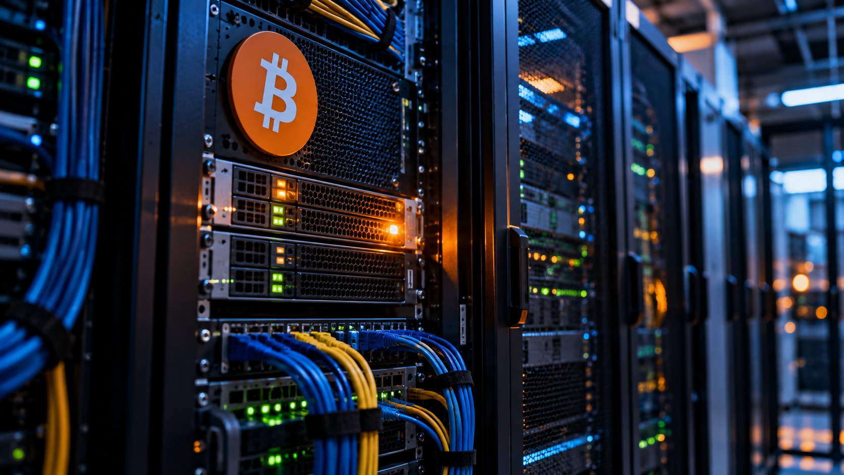 Ilustración editorial generada con IA: un rack de servidores en un pequeño centro de datos con luces de estado, una placa con el logo de Bitcoin y una luz de alerta ámbar encendida; composición conceptual, no es una fotografía documental.