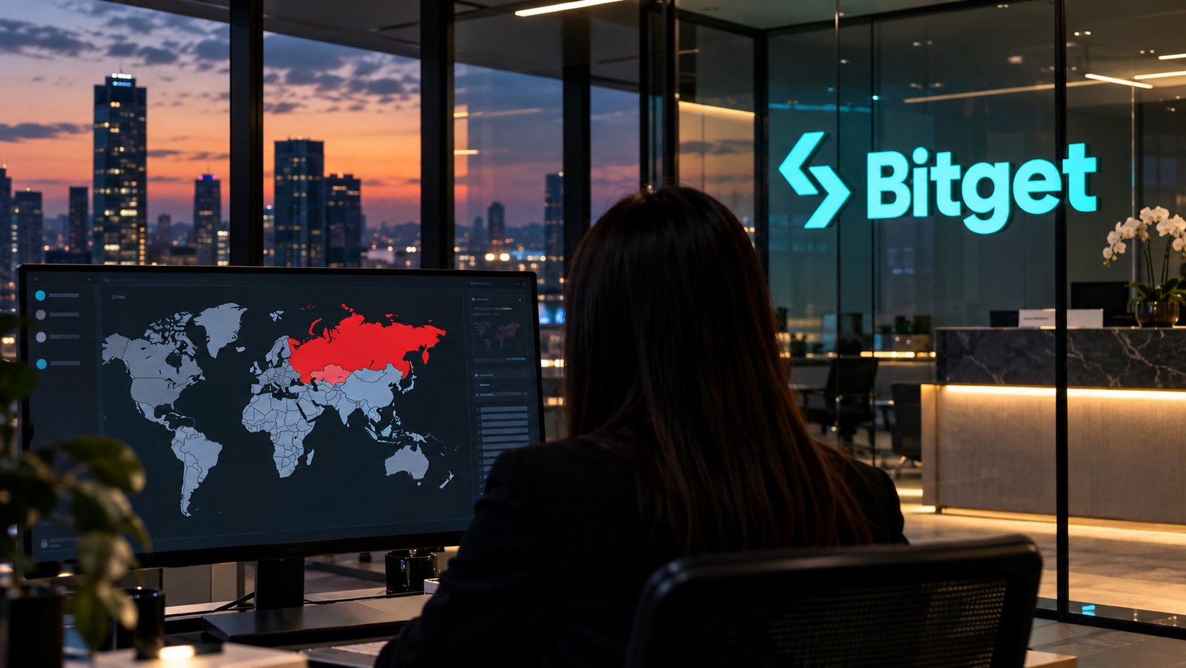 Ilustración editorial generada con IA: al anochecer, una empleada de espaldas revisa en un monitor un mapa del mundo con Rusia, Bielorrusia y Kazajistán resaltados en rojo, en una oficina con el logo de Bitget iluminado en la pared de vidrio; composición conceptual, no es una fotografía de una oficina real de Bitget.