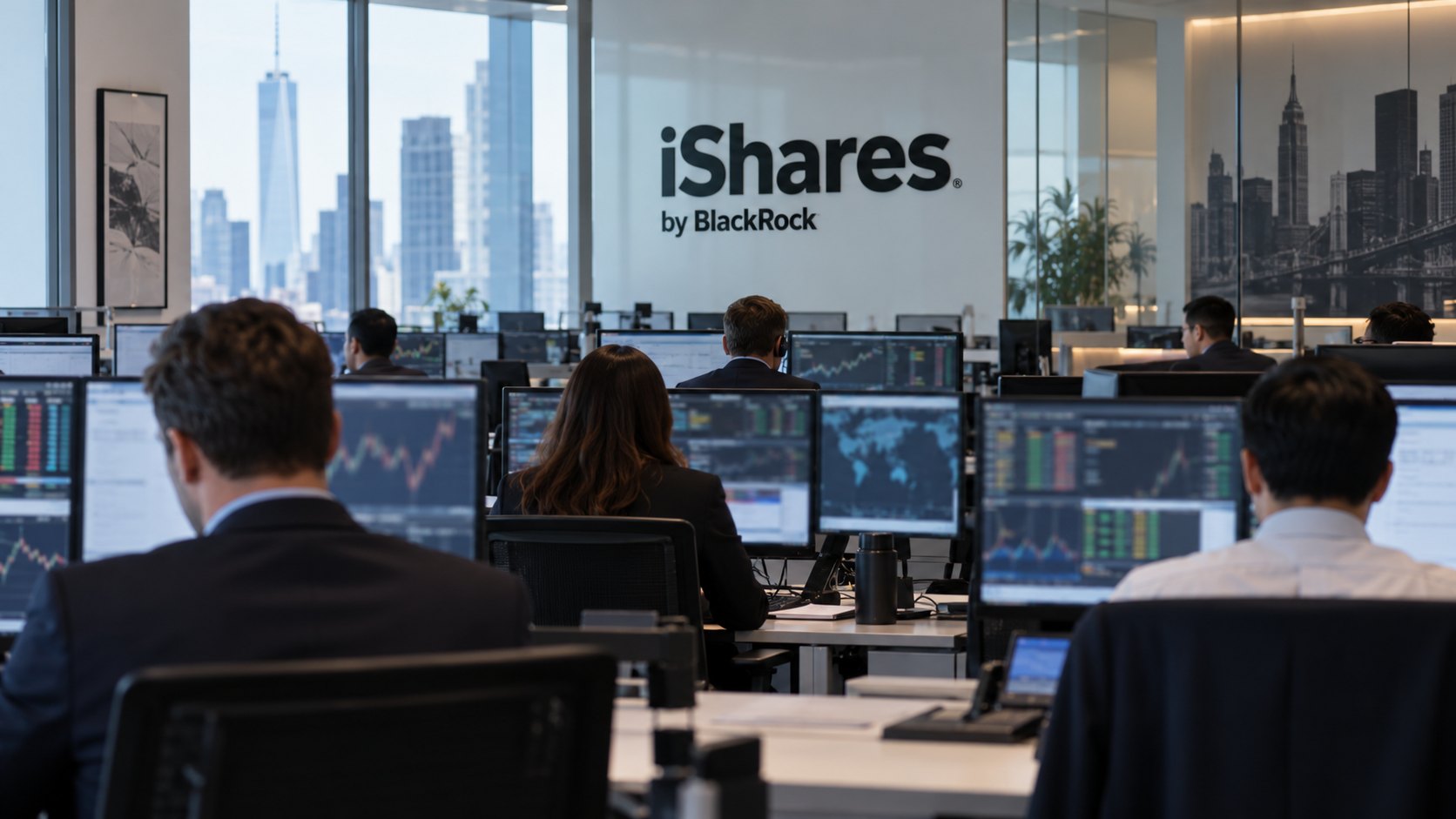 Ilustración editorial generada con IA: una sala de operaciones con gestores de espaldas frente a monitores con gráficos de mercado y el nombre iShares by BlackRock en una pared de vidrio, con el horizonte de Manhattan por los ventanales; composición conceptual, no es una fotografía de las oficinas de BlackRock.