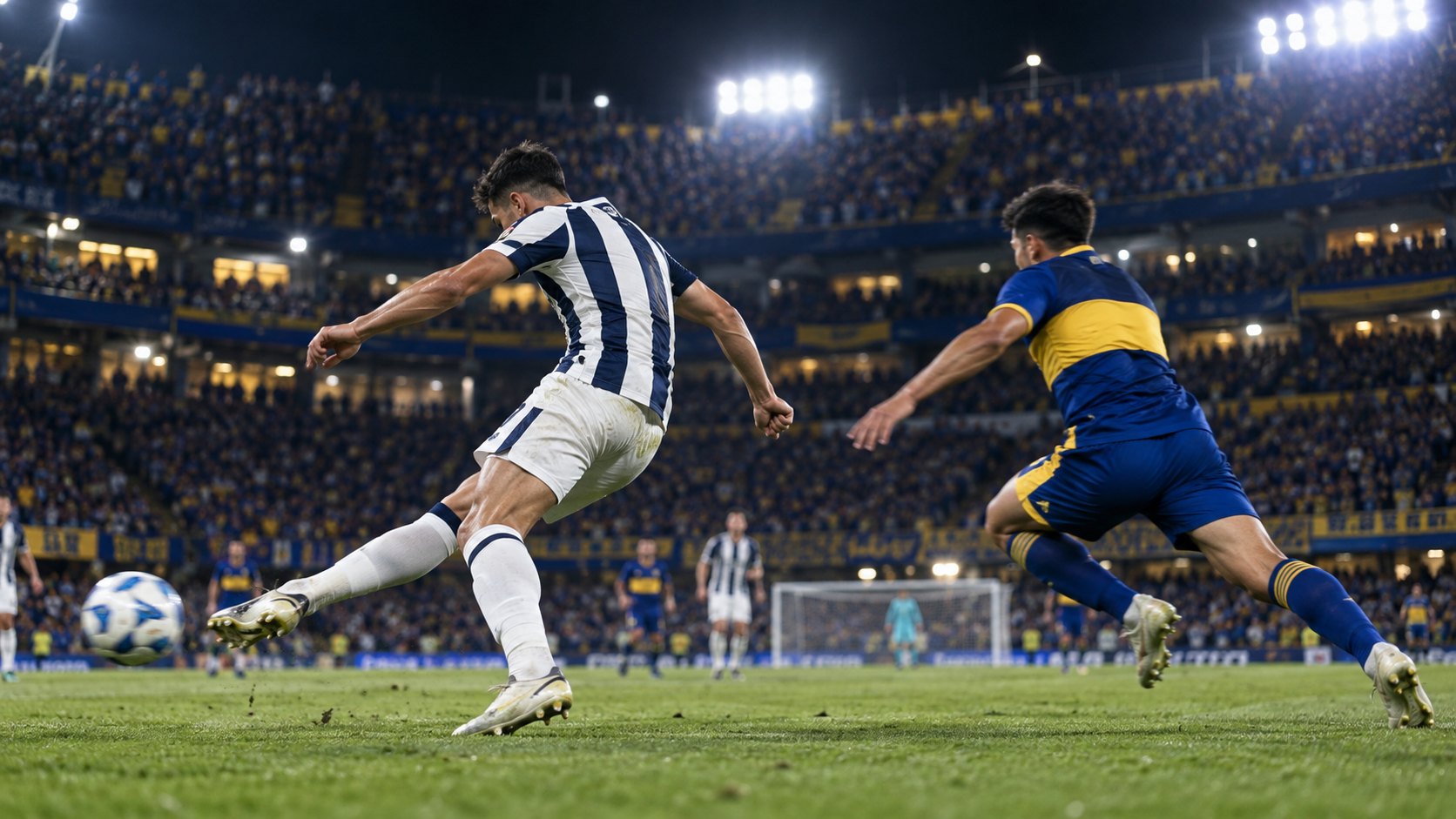 Ilustración editorial generada con IA: un futbolista con camiseta a bastones azul oscuro y blanco de Talleres saca un remate de media distancia mientras un defensor de Boca, de azul y amarillo, llega tarde, con la tribuna iluminada de La Bombonera de fondo; no es una fotografía del partido ni representa a jugadores reales.