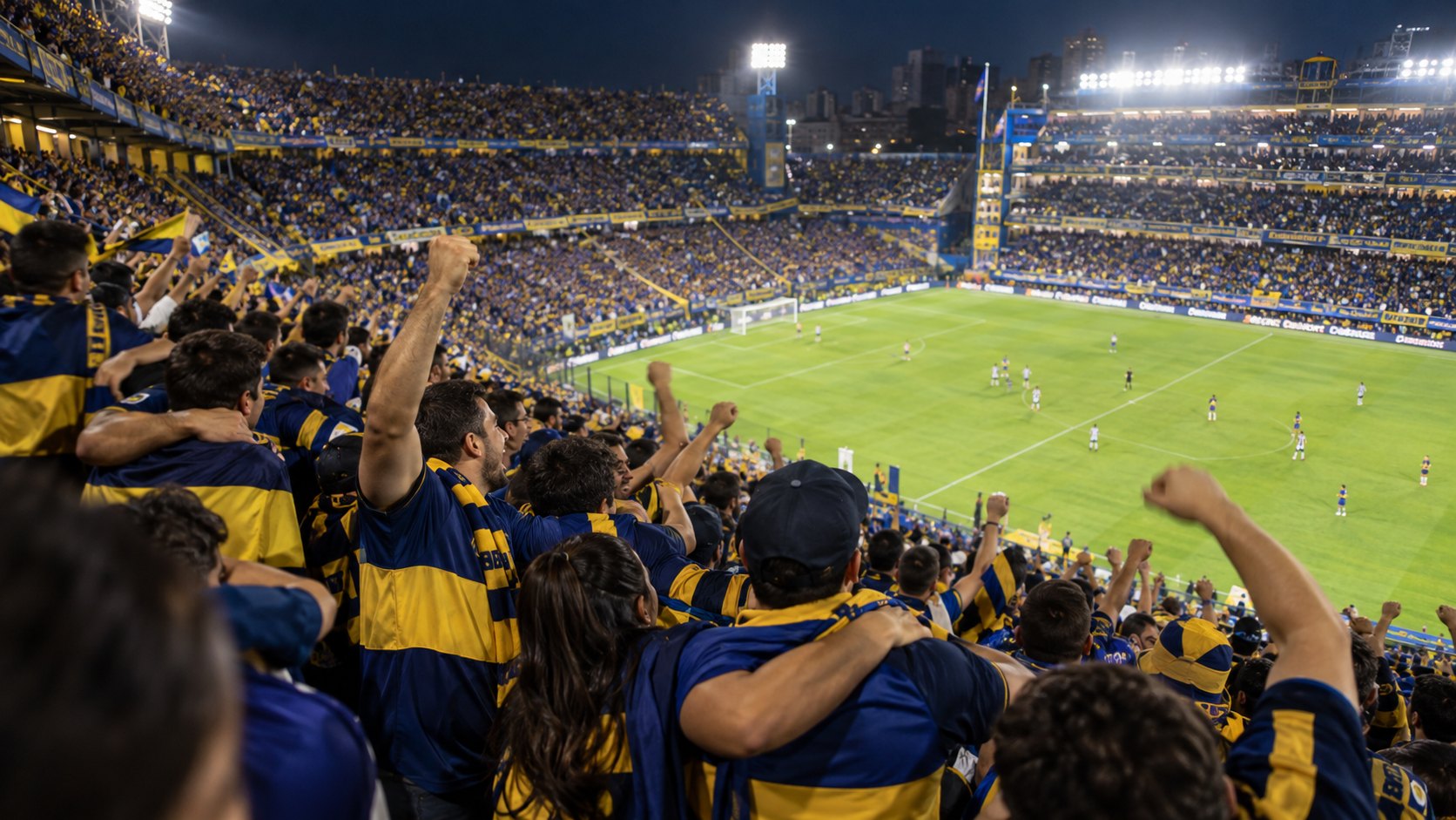 Ilustración editorial generada con IA: hinchas de Boca con camisetas y bufandas azul y amarillo festejan abrazados y con los puños en alto en la tribuna de La Bombonera de noche; no es una fotografía documental ni representa a personas reales.
