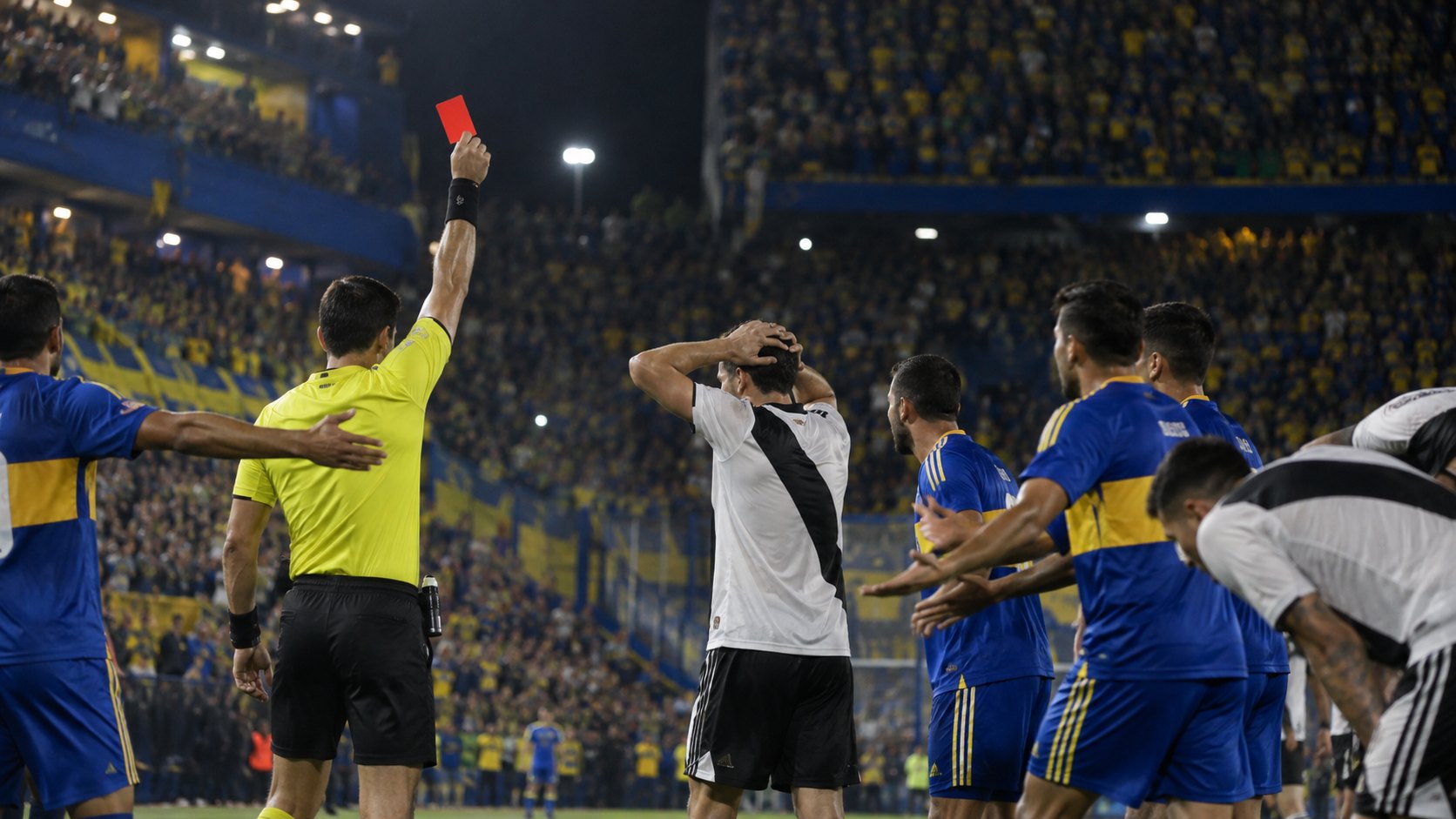 Ilustración editorial generada con IA: un árbitro muestra la tarjeta roja a un futbolista con camiseta blanca con banda diagonal negra que se toma la cabeza, rodeado de jugadores de azul y amarillo, con la tribuna de La Bombonera de fondo; no es una fotografía del partido ni representa a personas reales.