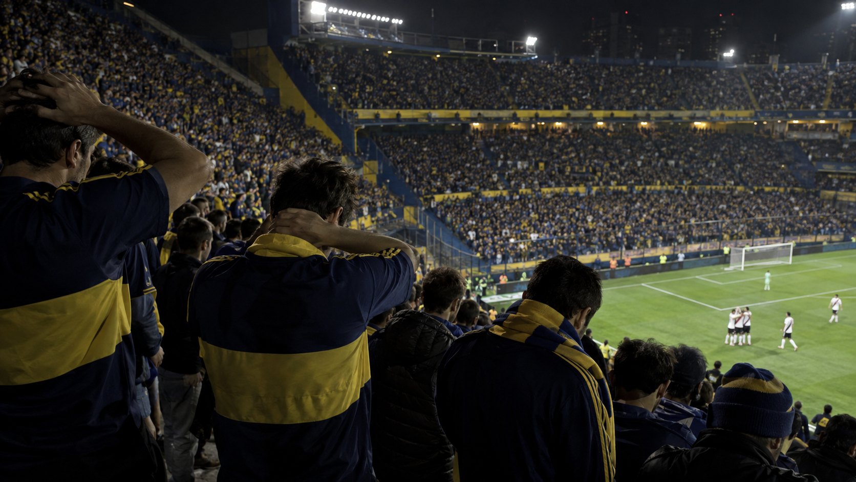 Ilustración editorial generada con IA: hinchas de Boca con camisetas y bufandas azul y amarillo, serios en la tribuna de La Bombonera después del partido, mientras en el campo se abrazan futbolistas de camiseta blanca con banda diagonal negra; no es una fotografía documental ni representa a personas reales.
