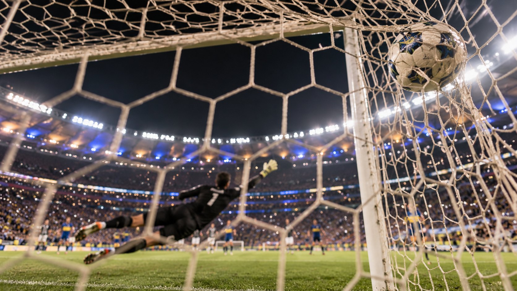 Ilustración editorial generada con IA: de noche, vista desde detrás de la red, una pelota de fútbol entra en el ángulo de un arco mientras el arquero se estira sin alcanzarla, con las tribunas colmadas e iluminadas de un estadio al fondo; no es una fotografía del partido ni representa a jugadores reales.