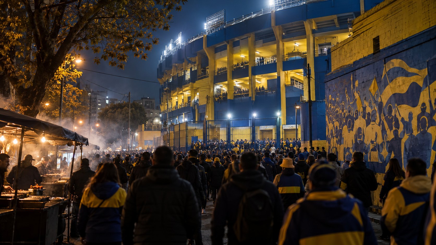 Ilustración editorial generada con IA: hinchas con camisetas azul y oro caminan de noche hacia los accesos de La Bombonera, junto a murales azul y amarillo y puestos de comida con humo; no es una fotografía documental.