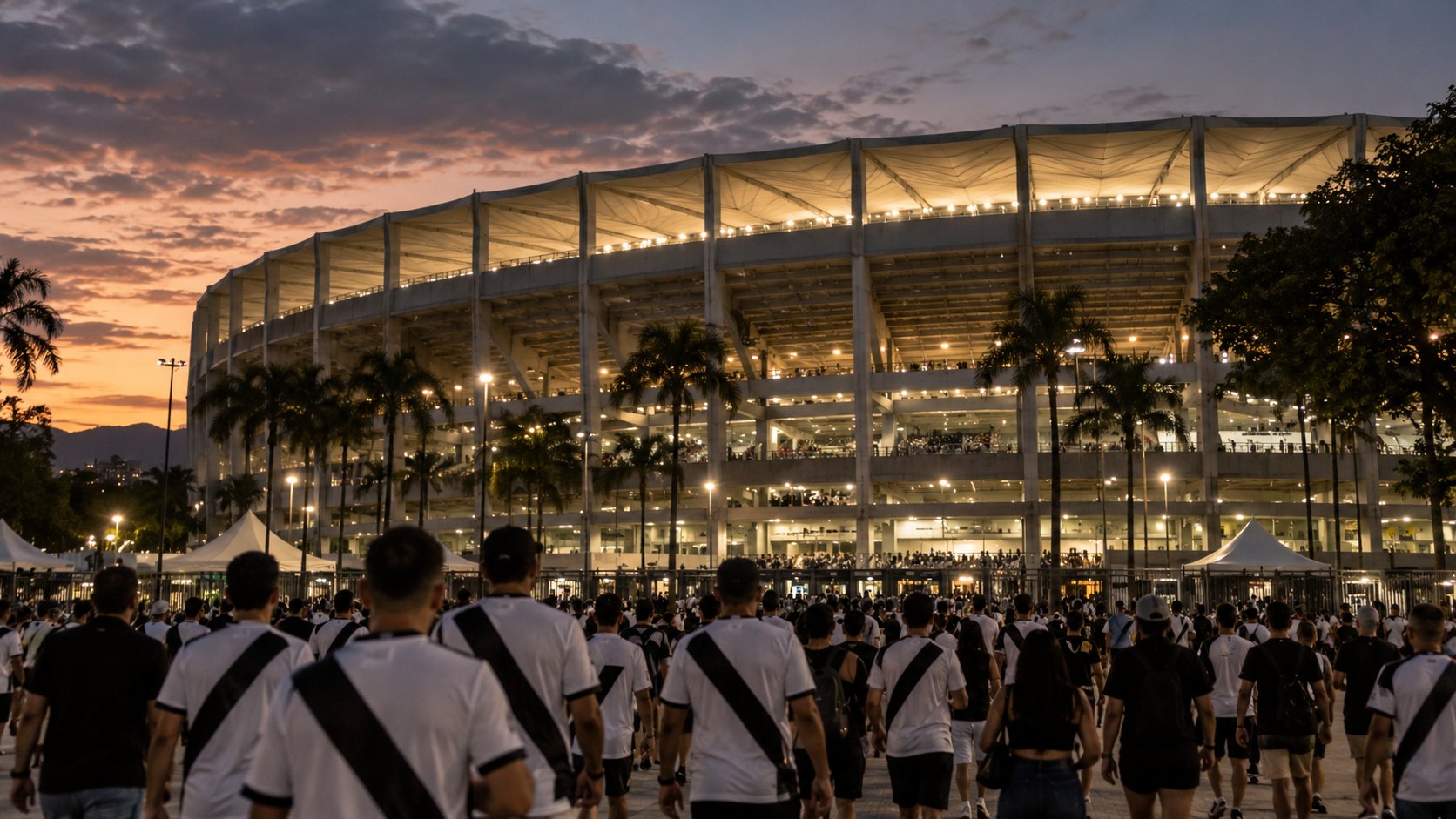Ilustración editorial generada con IA: hinchas con camisetas blancas con banda diagonal negra caminan al atardecer hacia el estadio Maracaná de Río de Janeiro; no es una fotografía documental.