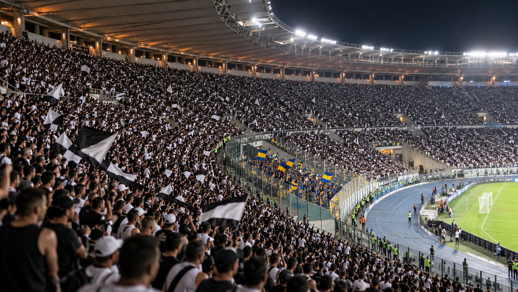 Ilustración editorial generada con IA: de noche, en un estadio enorme, un pequeño sector visitante separado por vallas y redes con hinchas de camisetas y banderas azules y amarillas, rodeado por tribunas colmadas de hinchas con camisetas y banderas negras y blancas; no es una fotografía del partido.
