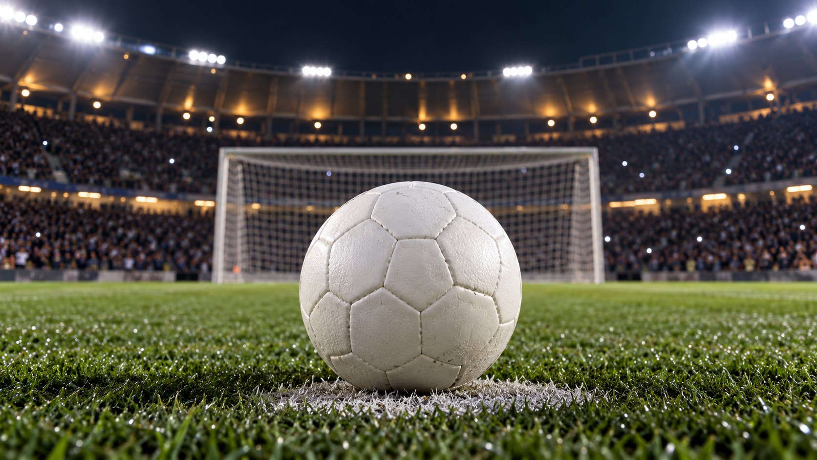Ilustración editorial generada con IA: de noche, una pelota de fútbol blanca apoyada sobre el punto penal, con el arco y la red desenfocados al fondo y las tribunas iluminadas de un estadio detrás; no es una fotografía del partido.