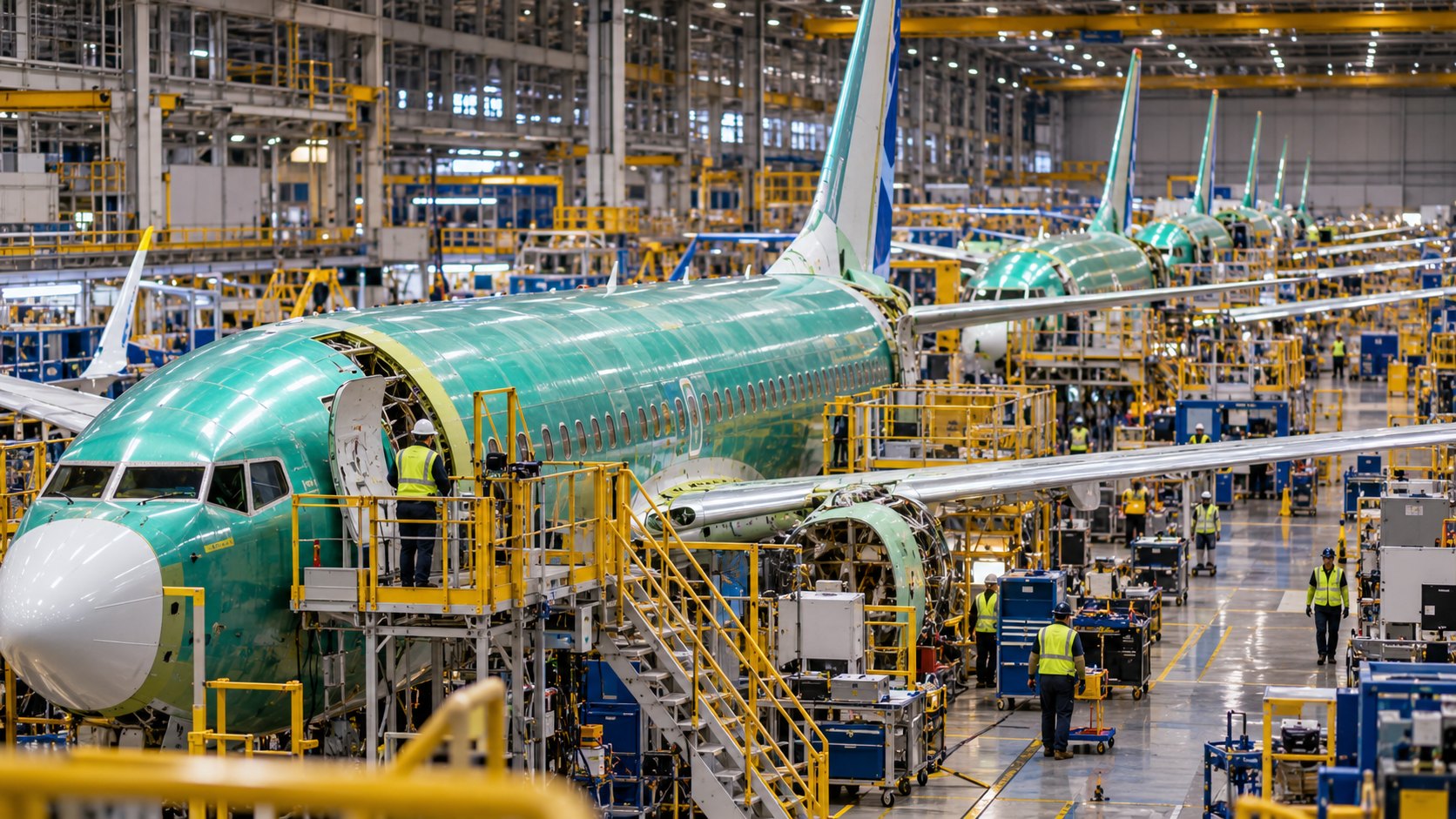 Ilustración editorial generada con IA: una línea de montaje de aviones 737 con fuselajes verdes sin pintar en fila dentro de una nave industrial, plataformas de trabajo amarillas y operarios anónimos con casco y chaleco; composición conceptual, no es una fotografía de la planta de Renton.