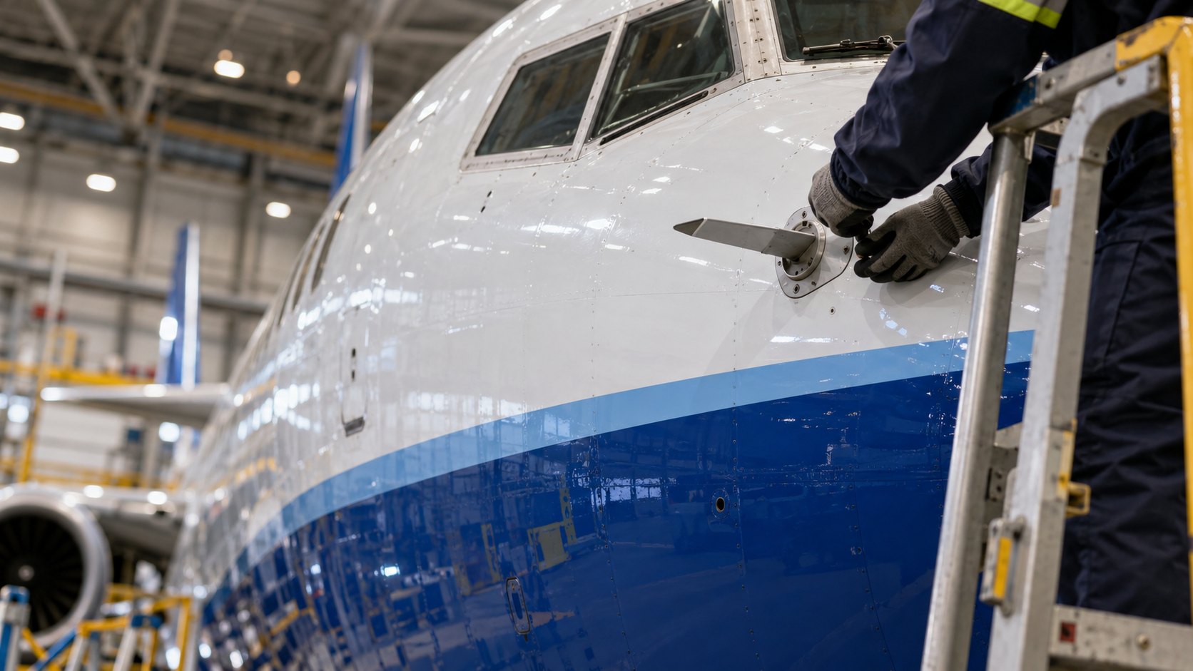 Ilustración editorial generada con IA: primer plano de la nariz blanca y azul de un 737 MAX en un hangar, con un técnico de mantenimiento anónimo con guantes que revisa el sensor de ángulo de ataque desde una escalera; composición conceptual, no es una fotografía de una inspección real.