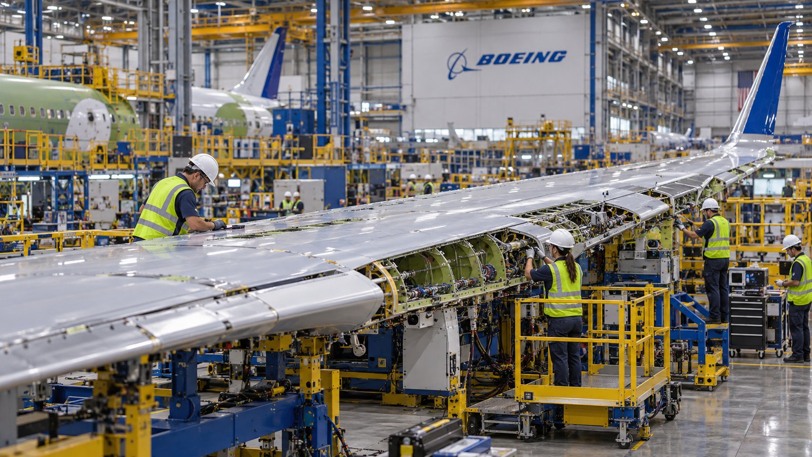 Ilustración editorial generada con IA: técnicos con casco y chaleco revisan un ala de Boeing 737 en una plataforma de montaje, con el logo de Boeing al fondo de la nave; composición representativa, no es una fotografía de la planta.