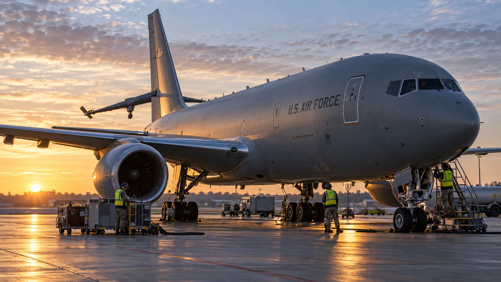Ilustración editorial generada con IA: un avión cisterna KC-46 de Boeing con librea gris de la Fuerza Aérea de EE.UU. en la plataforma de una base aérea al amanecer, con personal de mantenimiento; composición representativa, no es una fotografía de una base real.