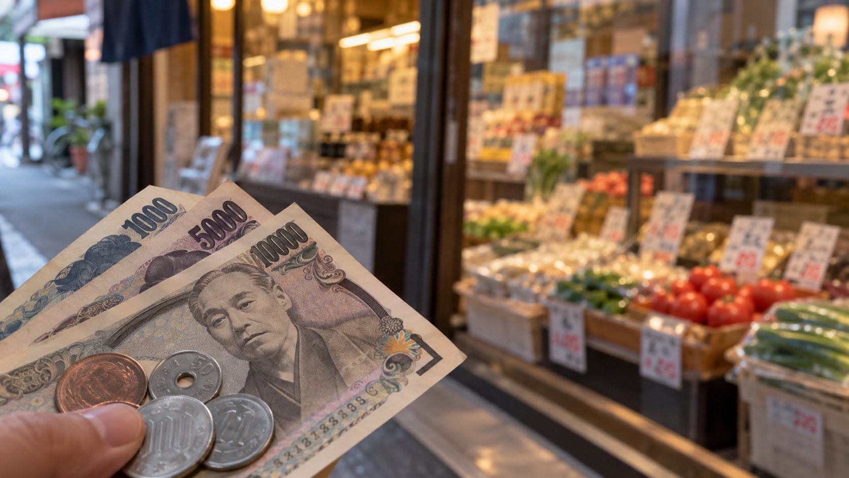 Ilustración editorial generada con IA: billetes de yen junto a la vidriera de un comercio de Tokio con etiquetas de precios; composición conceptual, no es una fotografía de un comercio real.