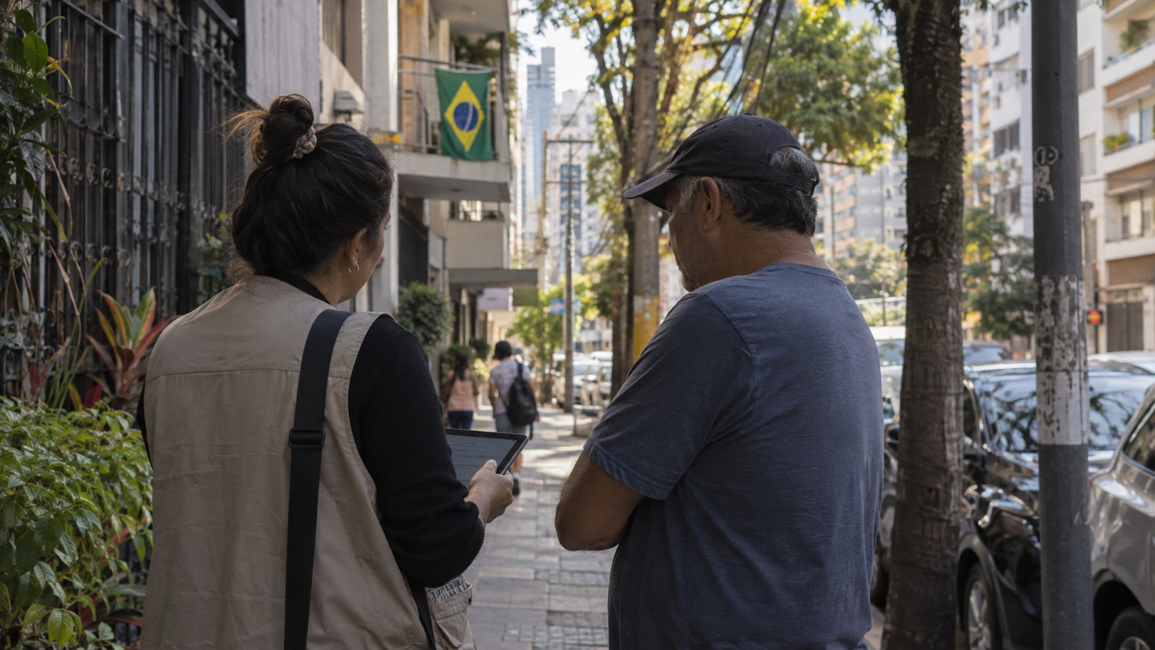 Ilustración editorial generada con IA: una encuestadora de campo con una tablet entrevista a un votante en una vereda arbolada de São Paulo, de espaldas y de perfil, con una bandera de Brasil en un balcón al fondo; composición conceptual, no es una fotografía de un relevamiento de Datafolha ni de PoderData.
