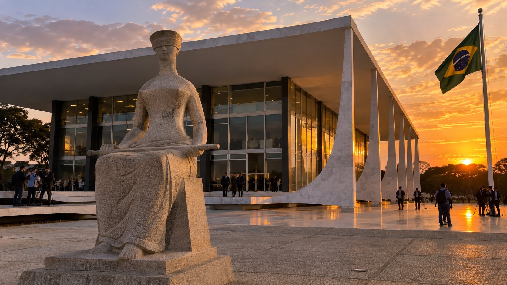 Ilustración editorial generada con IA: el edificio del Supremo Tribunal Federal en la Praça dos Três Poderes de Brasilia al atardecer, con la escultura «A Justiça» en primer plano y una bandera de Brasil; no es una fotografía del día de la decisión.