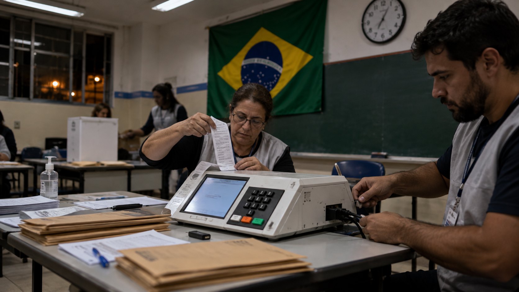Ilustración editorial generada con IA: de noche, en un aula escolar, dos funcionarios de mesa desconectan una urna electrónica e imprimen el boletín de urna, con una bandera de Brasil en la pared; composición conceptual, no es una fotografía del escrutinio.