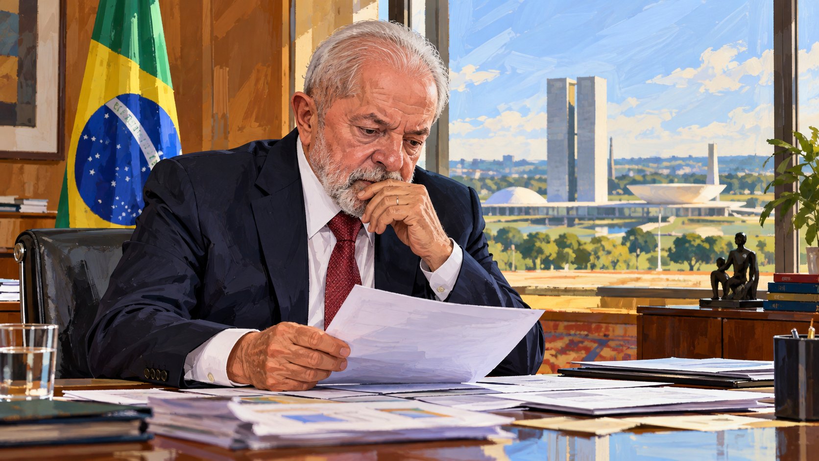 Ilustración editorial generada con IA: Luiz Inácio Lula da Silva, serio, revisa documentos en un despacho del Palacio del Planalto con una bandera de Brasil detrás; composición conceptual, no es una fotografía de una reunión real.