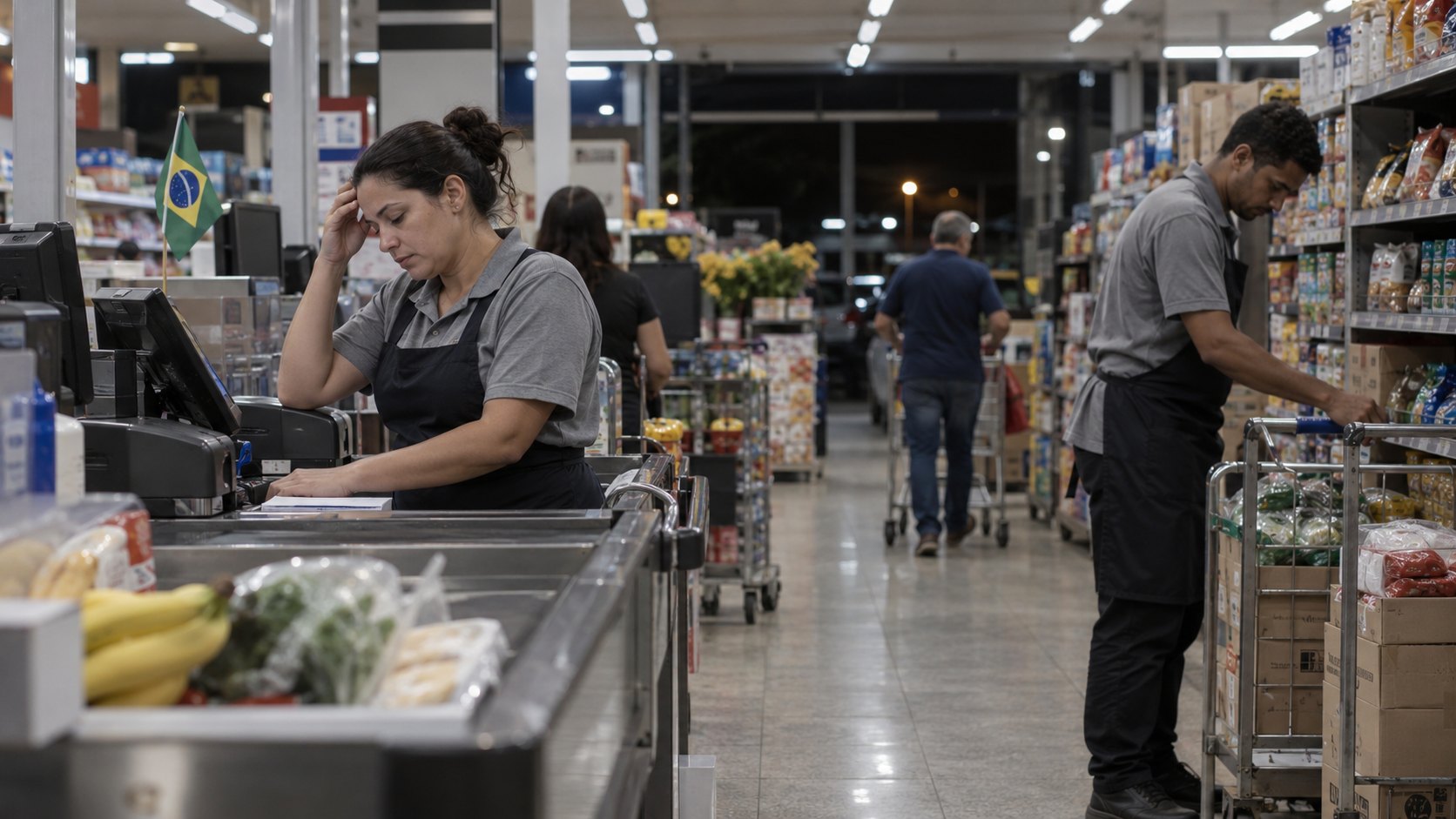 Ilustración editorial generada con IA: una cajera y un repositor con uniforme en un supermercado de São Paulo al final de un turno nocturno, con una pequeña bandera de Brasil en la caja; composición representativa, no muestra a trabajadores reales.