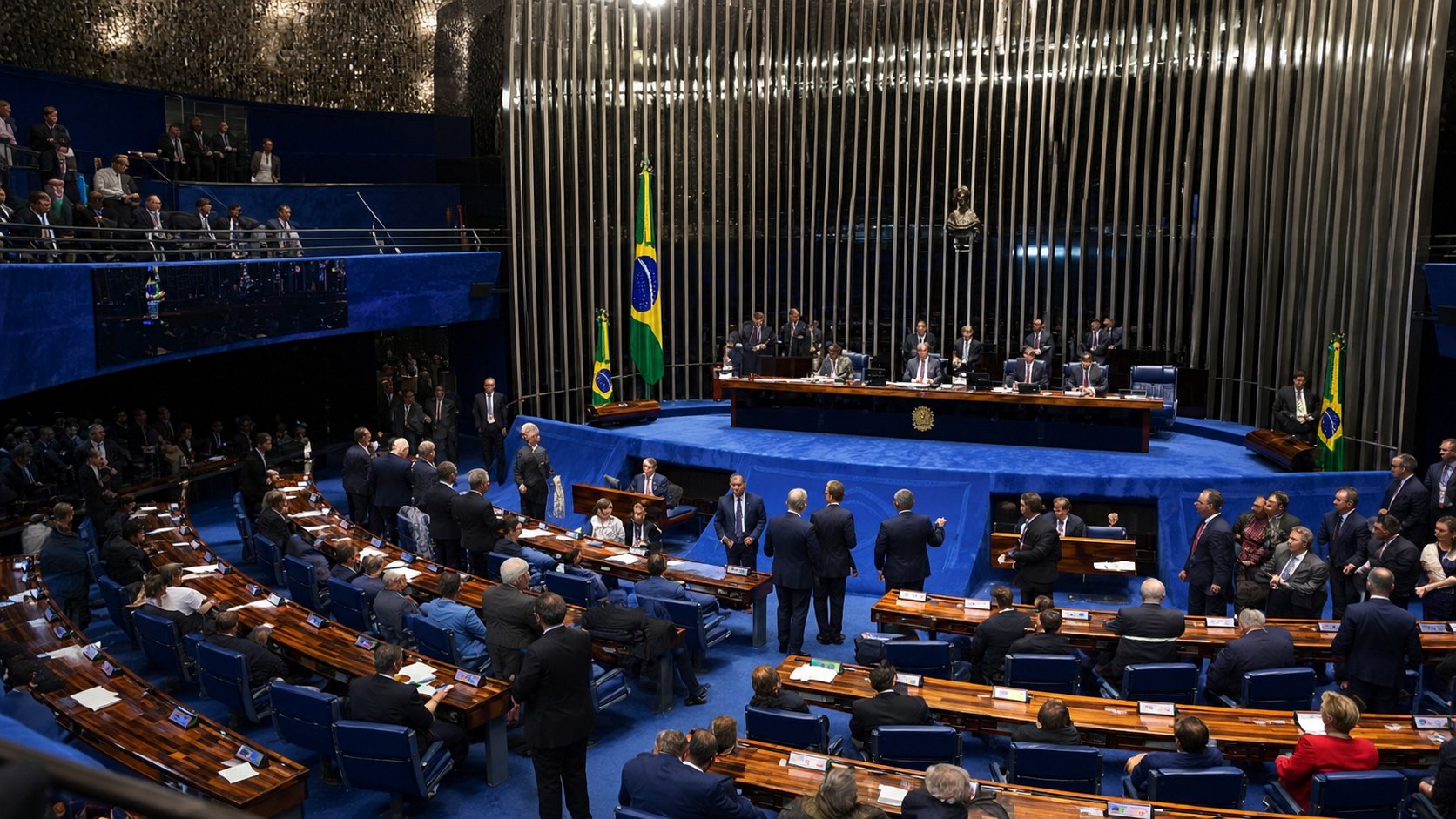 Ilustración editorial generada con IA: el plenario del Senado Federal de Brasil, en Brasilia, durante una sesión nocturna, con sus bancas azules, senadores de traje y la bandera de Brasil junto a la mesa directiva; composición representativa, no es una fotografía de la votación del 14 de octubre.