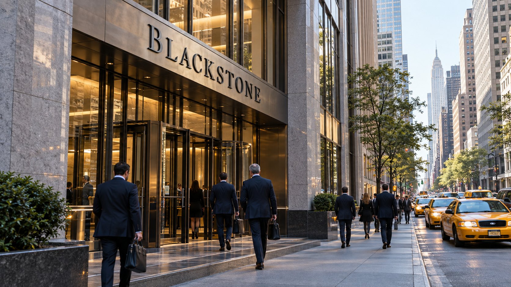 Ilustración editorial generada con IA: la entrada de la sede de Blackstone en Park Avenue, Nueva York, con el nombre de la firma en la fachada y ejecutivos entrando por la mañana; composición representativa, no es una fotografía del anuncio.