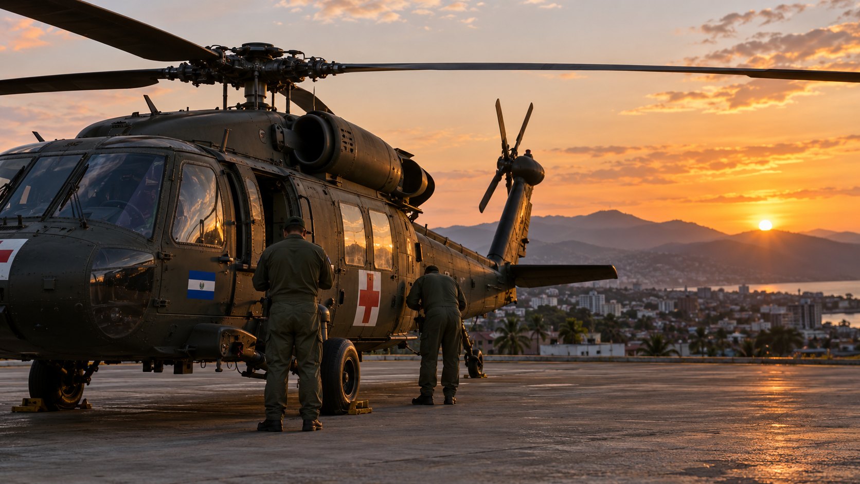 Ilustración editorial generada con IA: un helicóptero militar de evacuación médica con una pequeña bandera de El Salvador y una cruz roja en el fuselaje, estacionado en una pista al atardecer, con dos técnicos de aviación de espaldas y las colinas de Puerto Príncipe al fondo; composición conceptual, no es una fotografía de la misión real.