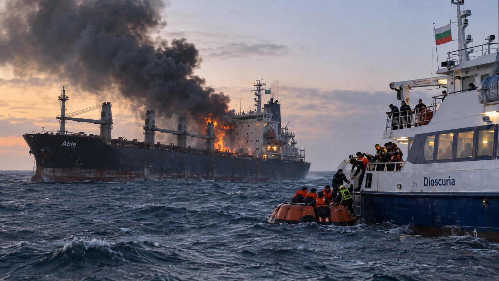 Ilustración editorial generada con IA: el carguero «Able» arde y echa humo negro a media distancia mientras el ferry búlgaro «Dioscuria», con bandera de Bulgaria, recoge a marinos rescatados desde una balsa en el mar Negro al amanecer; composición conceptual, no es una fotografía del rescate.