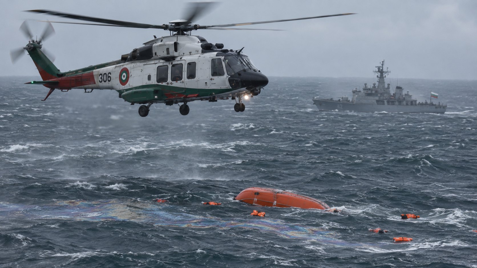 Ilustración editorial generada con IA: un helicóptero de rescate sobrevuela el mar Negro picado, donde flotan un bote salvavidas naranja volcado y chalecos, con un buque de guerra al fondo; composición conceptual de la búsqueda de la tripulación del «Alfa Watan», no es una fotografía del operativo.