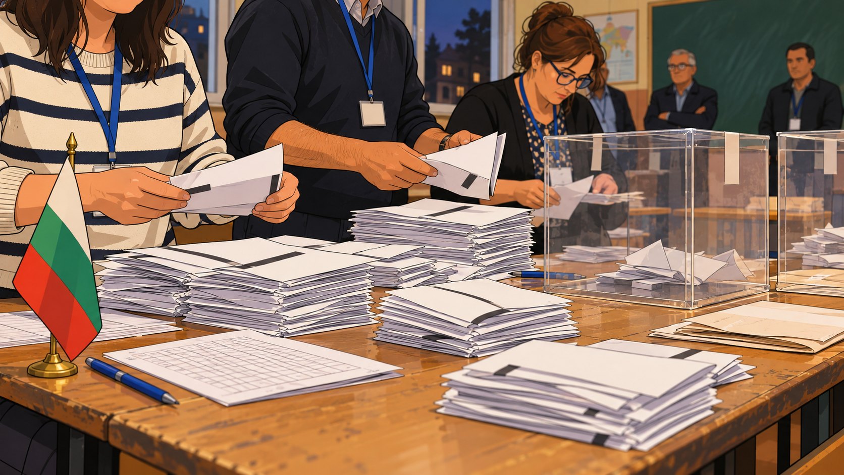 Ilustración editorial generada con IA: miembros de una mesa electoral búlgara cuentan a mano papeletas sobre mesas escolares, junto a urnas transparentes, planillas y una pequeña bandera de Bulgaria; no es una fotografía del hecho.