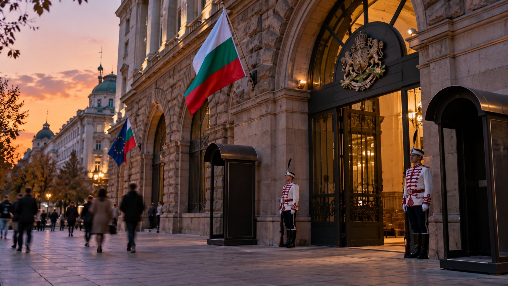 Ilustración editorial generada con IA: al atardecer, dos guardias de honor con uniforme ceremonial blanco y rojo custodian la entrada de un edificio neoclásico de piedra en Sofía, con las banderas de Bulgaria y de la Unión Europea en la fachada; no es una fotografía del hecho.