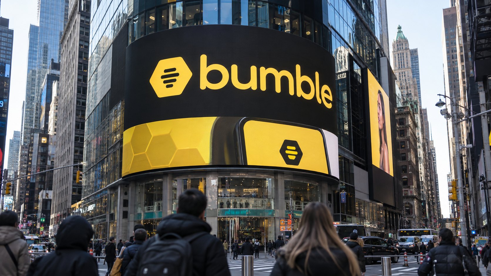 Ilustración editorial generada con IA: una pantalla gigante con el logo de Bumble en un edificio de Times Square, Nueva York, con peatones de espaldas en la vereda; composición conceptual, no es una fotografía de la jornada bursátil.