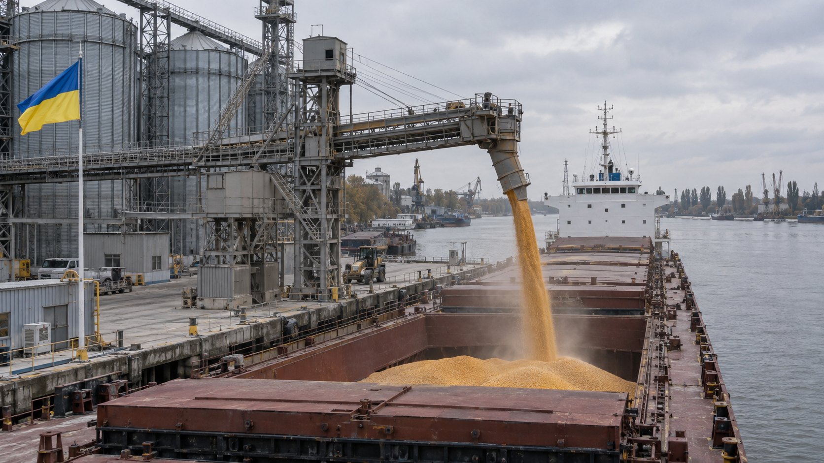 Ilustración editorial generada con IA: un granelero recibe maíz por una cinta transportadora desde los silos de un puerto fluvial sobre el Danubio, con una bandera de Ucrania en el muelle; composición conceptual, no es una fotografía del puerto de Izmail ni del buque hundido.