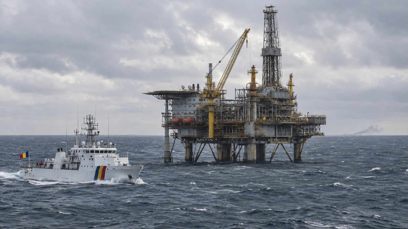 Ilustración editorial generada con IA: una plataforma marina de gas y petróleo en el mar Negro con un patrullero de la Guardia Costera rumana cerca y humo lejano en el horizonte; composición conceptual, no es una fotografía de la plataforma Pescăruș ni del lugar del hundimiento.