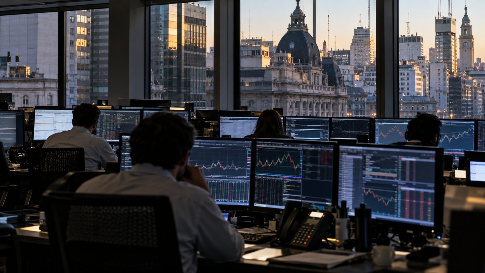 Ilustración editorial generada con IA: la mesa de operaciones de una entidad financiera en Buenos Aires al atardecer, con operadores de espaldas frente a monitores con gráficos de cotizaciones y, por el ventanal, cúpulas y edificios del microcentro porteño; composición conceptual, no es una fotografía de una mesa real.
