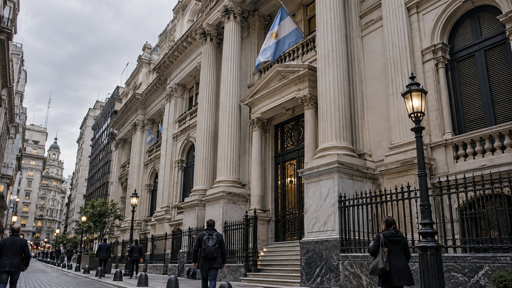 Ilustración editorial generada con IA: la fachada histórica del Banco Central de la República Argentina sobre la calle Reconquista en una mañana nublada, con la bandera argentina y peatones de espaldas en la vereda; composición conceptual, no es una fotografía de un hecho real.